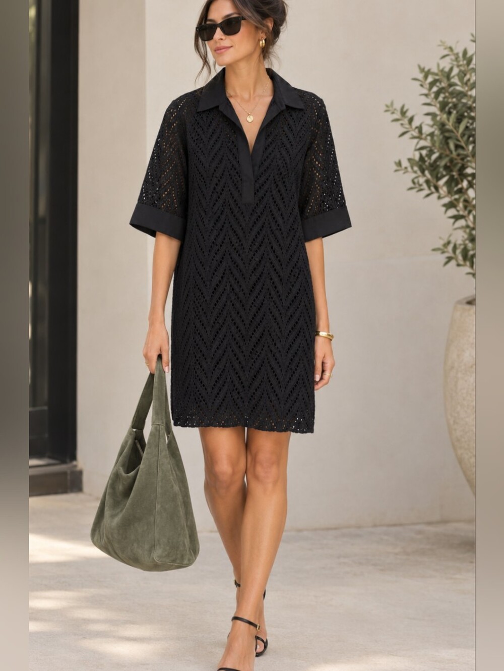 Natori Black Cotton Eyelet Shirt Dress